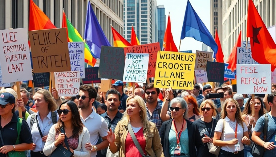 Protesters marching with colorful signs against authoritarianism.
