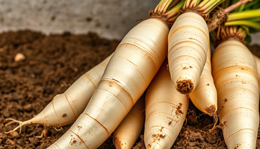 Freshly harvested horseradish roots with soil remnants.