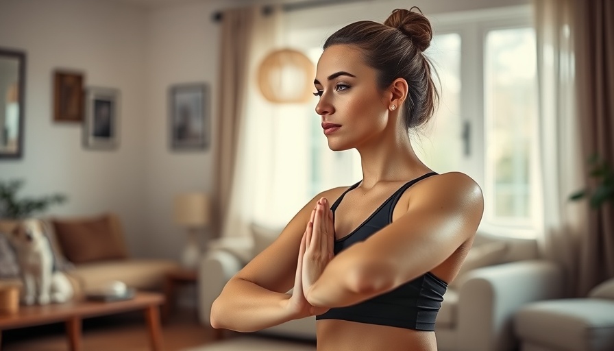 Woman practicing yoga at home with a dog, emphasizing wellness and relaxation.