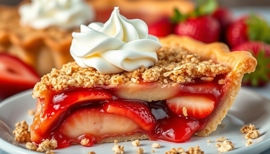 Close-up of strawberry apple pie slice topped with whipped cream.