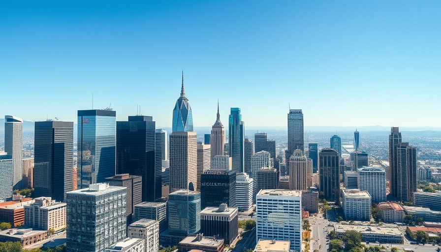 Aerial view of Los Angeles office buildings, skyline trends.