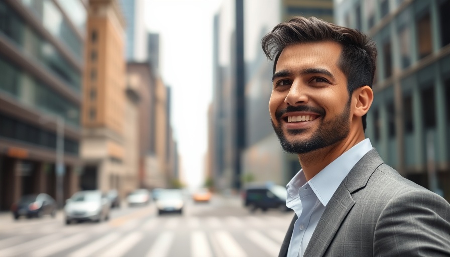 Professional man in suit smiling outdoors, business setting