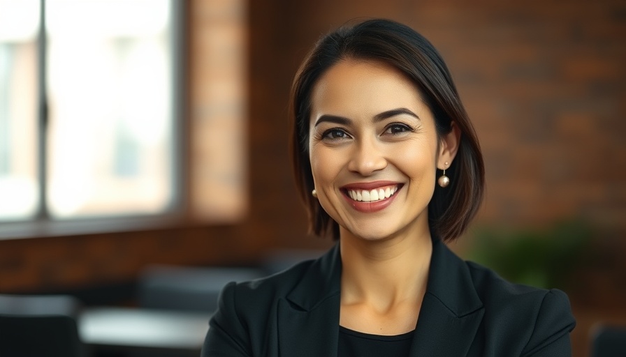 Professional woman smiling indoors in soft lighting.