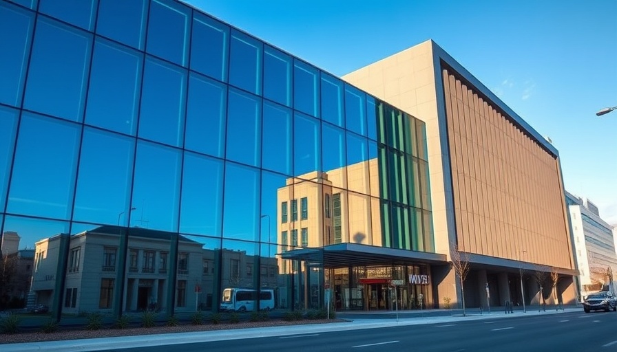 Modern broadcast facility with glass facade in urban setting