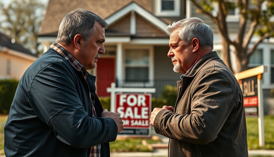 Buyer and seller standoff outdoors in front of a house.