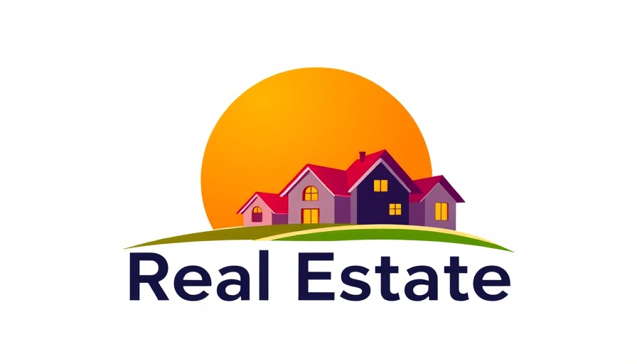 Colorful real estate logo with houses under orange sun.