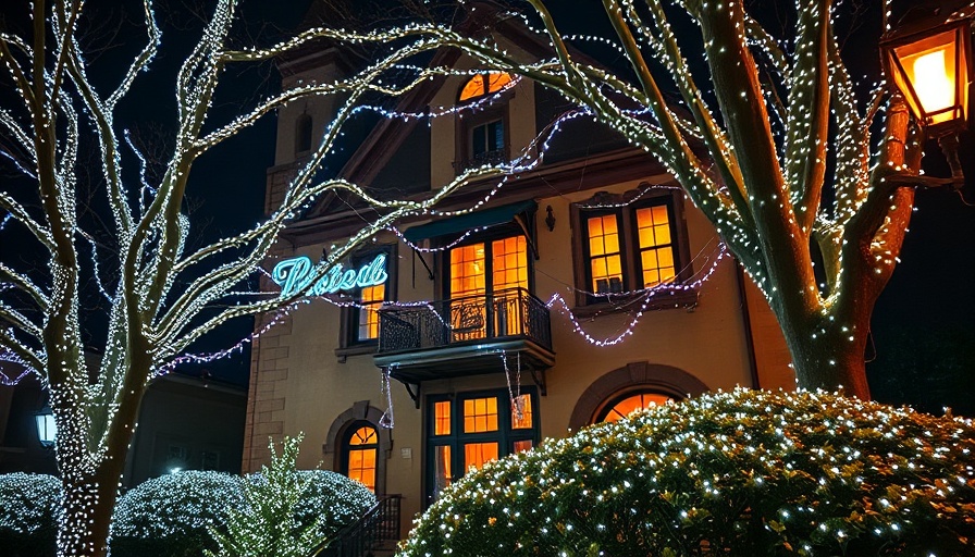 Historic building with permanent holiday lighting solutions at night.
