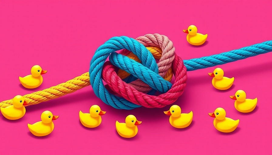 Colorful ropes and yellow ducks in a vibrant, artistic scene.