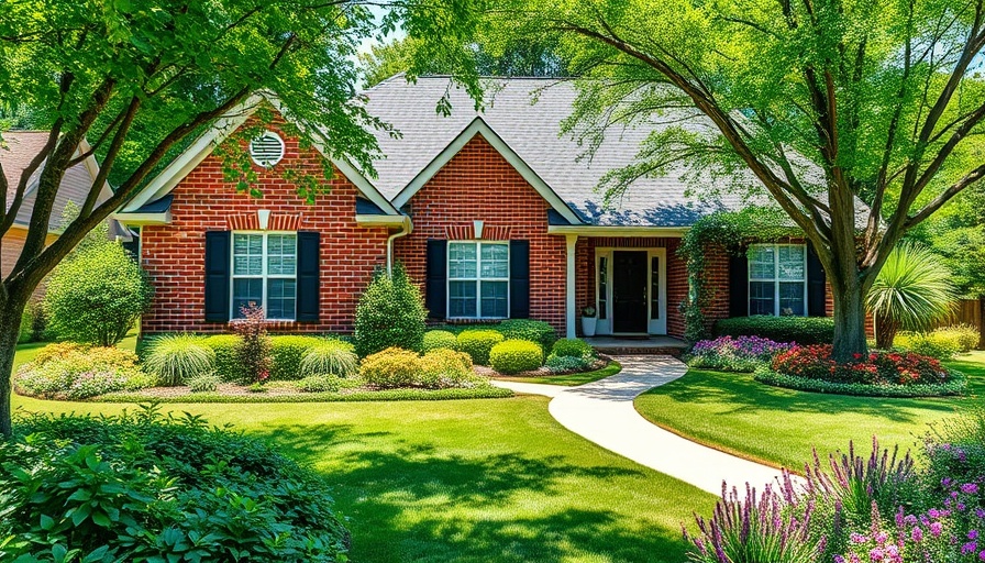 Charming brick house in suburb highlighting lush garden.