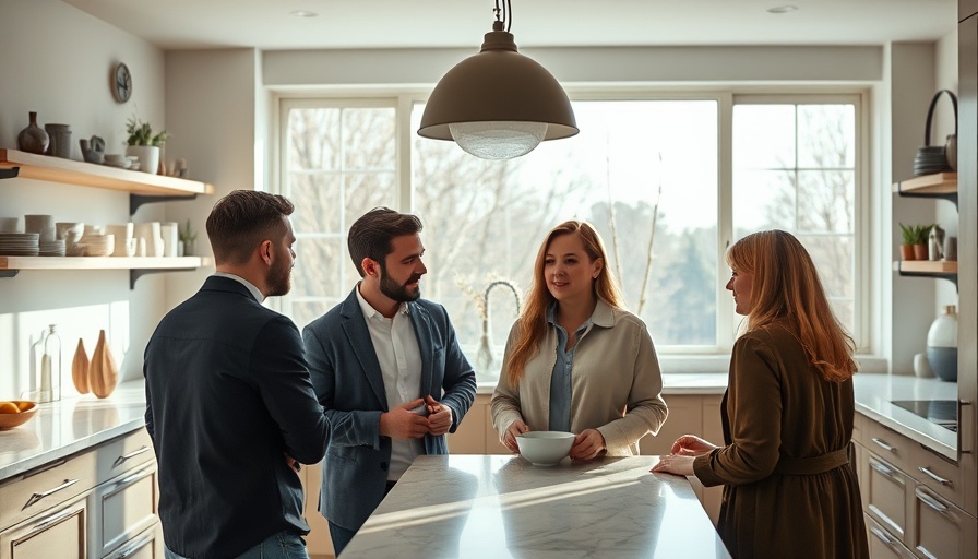 Discussing home warranty options in a sunny kitchen with modern decor.