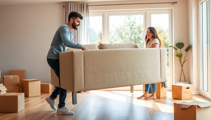 Young couple moving sofa while packing for a house sale.