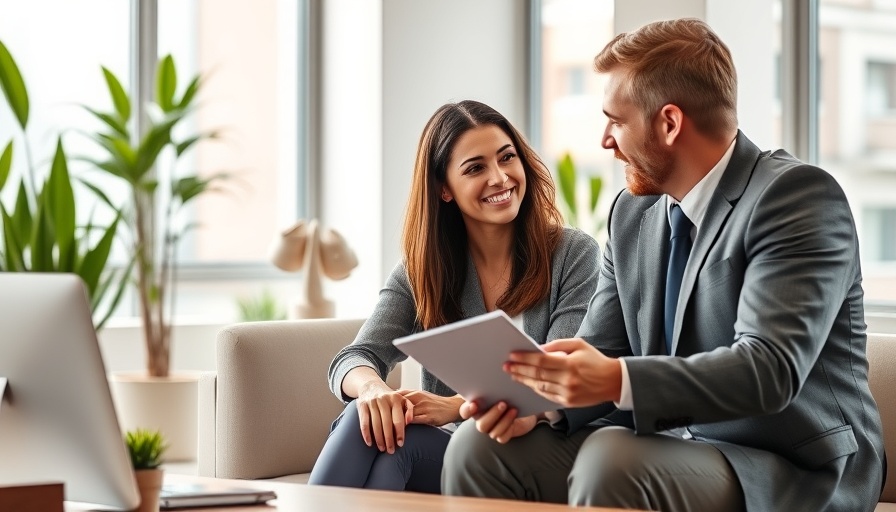 Couple discussing mortgage options in a modern office.