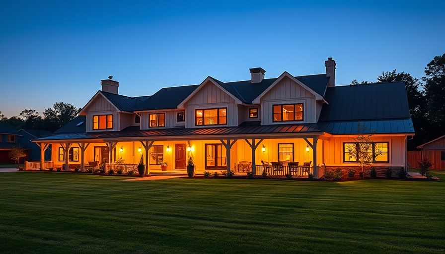 Charming farmhouse at dusk with modern design elegance