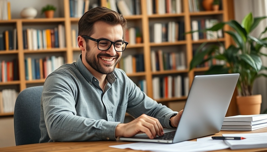 Smiling man studying online for real estate license at no cost