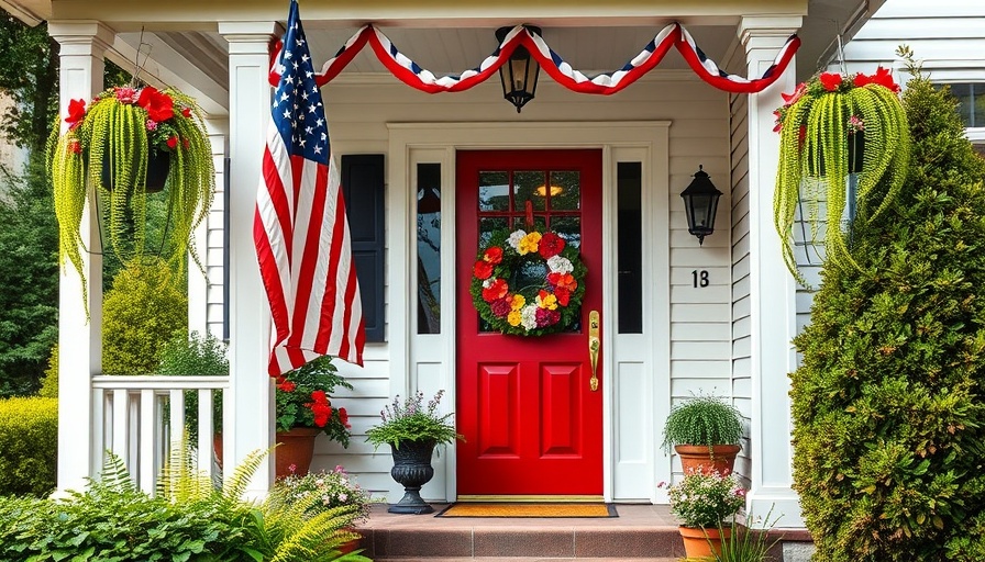 Charming porch for selling your house on July Fourth, festive decorations.