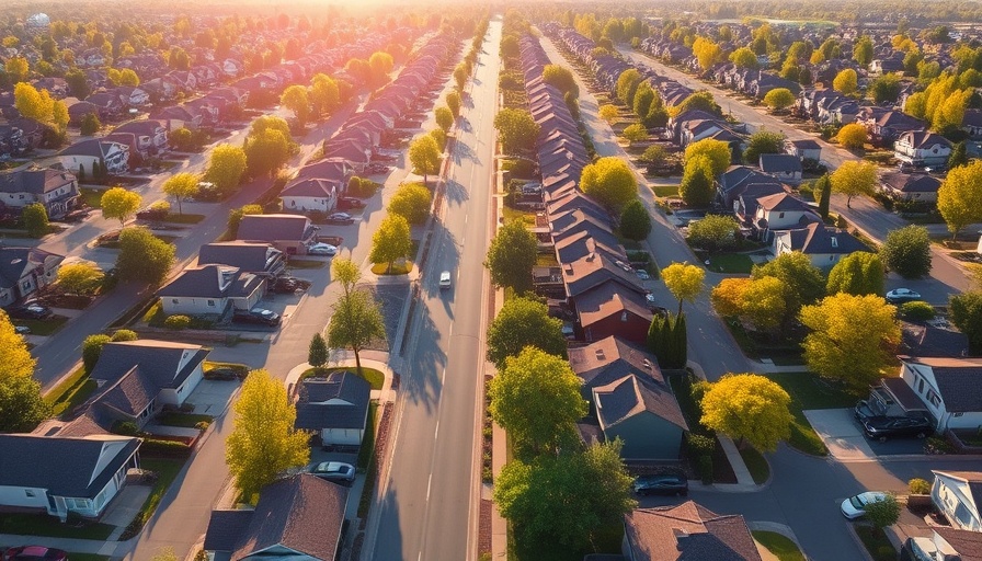 Aerial view of houses and streets on Long Island, organized suburb.