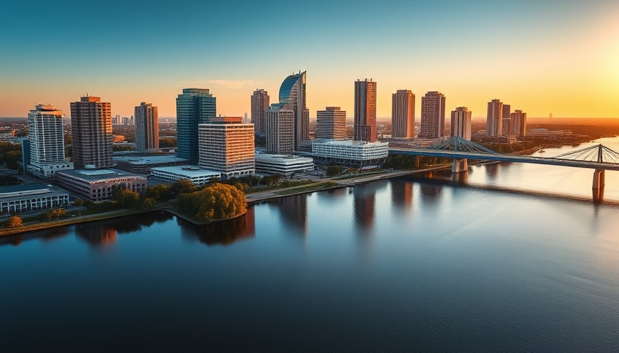 Aerial view of Jacksonville skyline with river and bridge, We Buy Houses in Jacksonville.