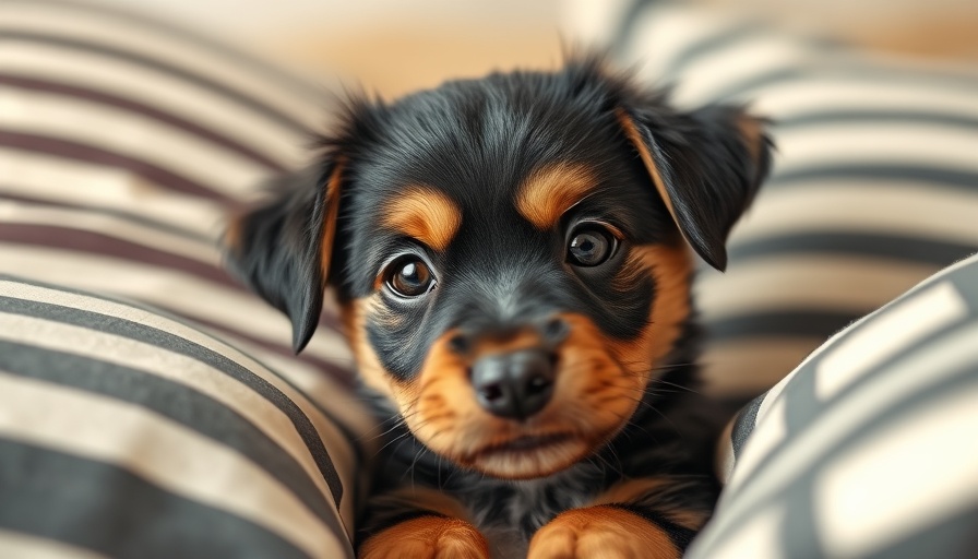 Cute puppy peeking from striped cushions, emphasizing safety at home.