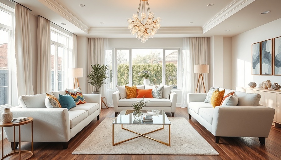 Modern living room with fandeliers hybrid lighting fixture and white sofas.