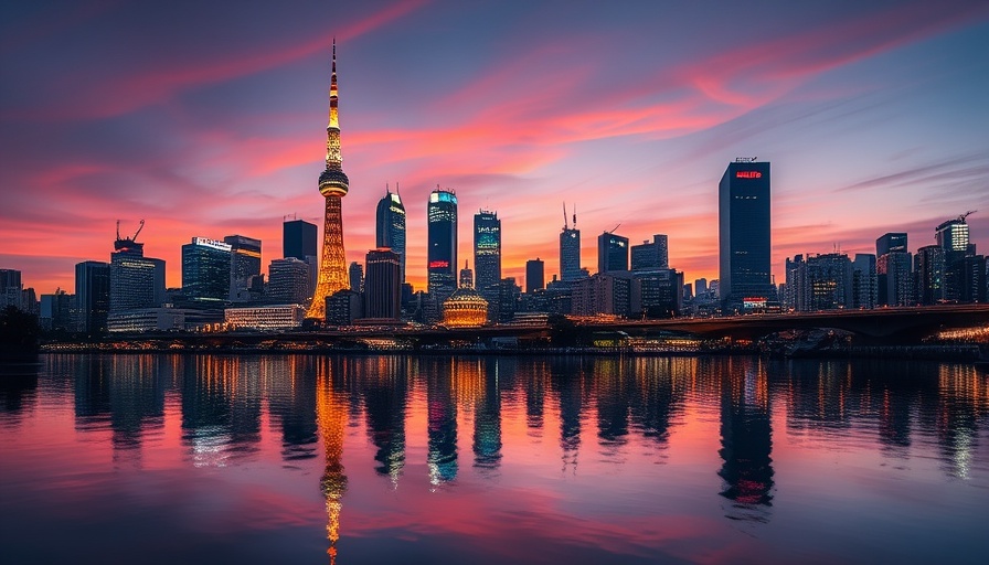 Tokyo skyline at dusk reflecting in river for real estate investment