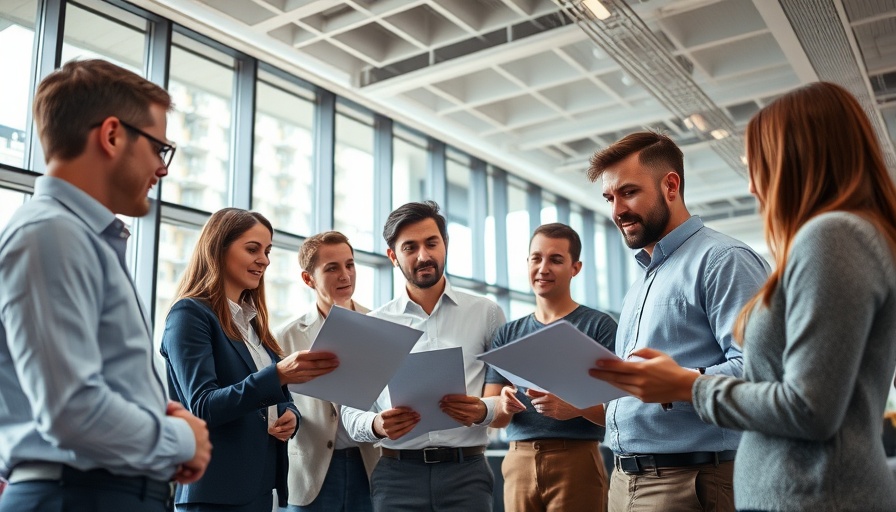 Professionals collaborate in a bright modern office to streamline property management workflow.