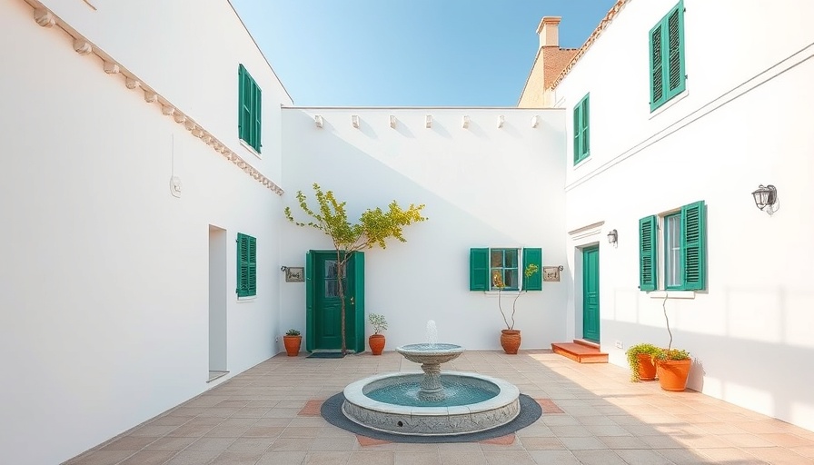 Italian Riviera commercial real estate exterior with green shutters and courtyard.
