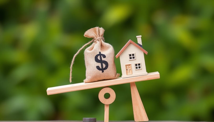 Money bag and small house on a seesaw, symbolizing buying a distressed property.