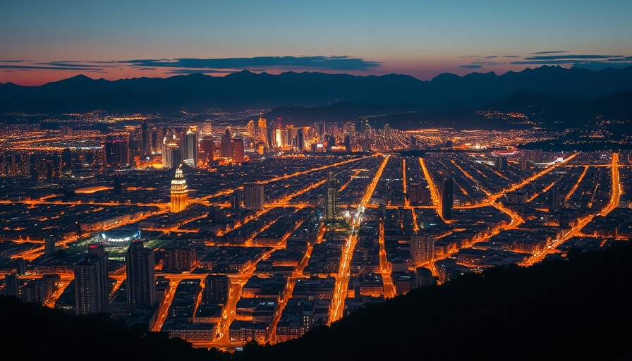 Expansive cityscape with illuminated urban lights and mountains in the background, representing discounted investment properties.