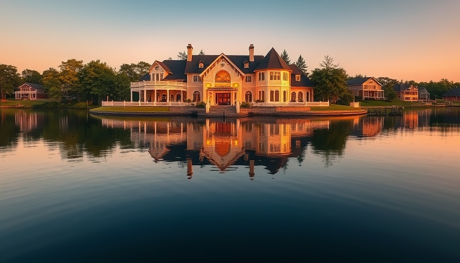 Beautiful waterfront estate at Lake Norman during sunset, reflecting over calm waters.