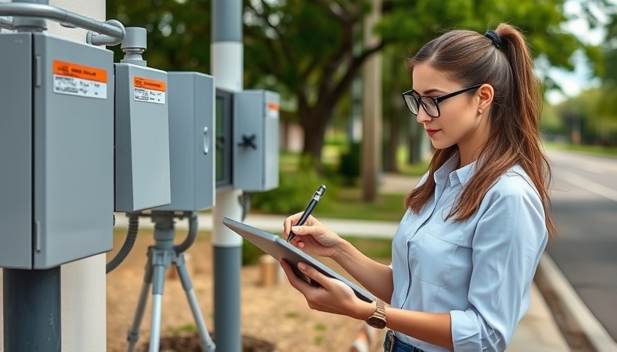 Lower home insurance rates concept with woman inspecting utility equipment outdoors.