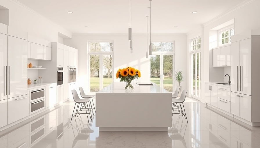 Spacious modern kitchen with white cabinets and island, sunlit.