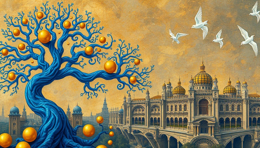 Tree in surreal art with blue leaves and golden background.
