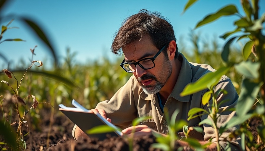 Researcher analyzing soil samples in a field, focused and detailed.