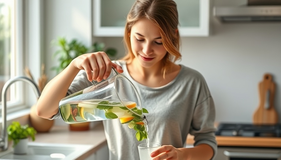 Young woman performs hydration ritual by pouring infused water for summer.