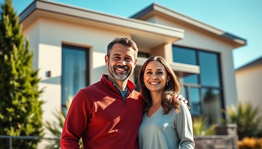Happy couple outside their new home, avoiding bad first home deal success.