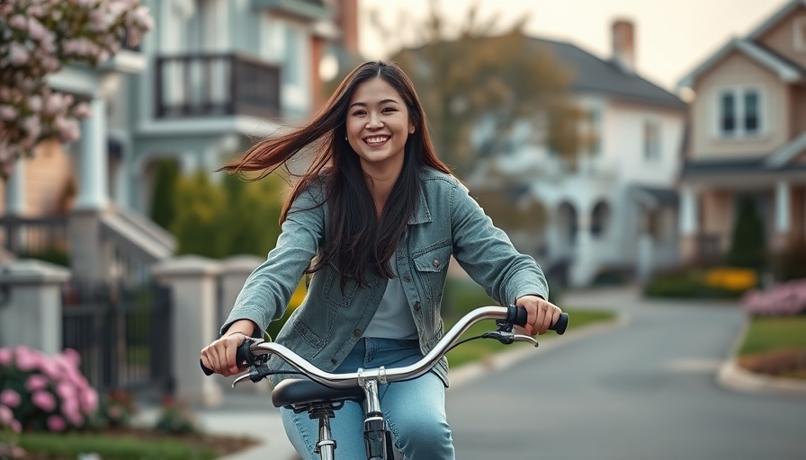 90s-inspired summer: Woman leisurely rides vintage bike in suburbia.