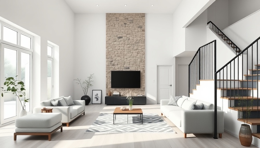 Modern living room with stone wall and staircase for staging tips.