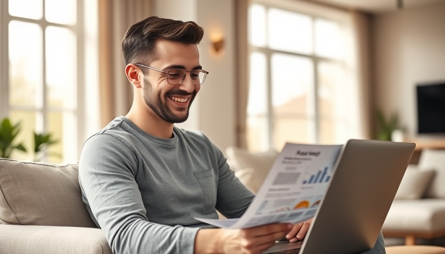 Young man reviewing financial documents, cozy living room.