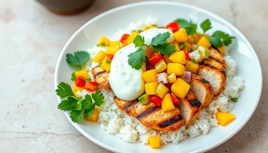 Cilantro lime chicken with mango salsa on white rice.