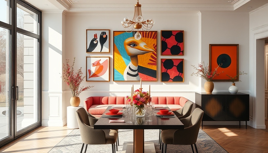 A chic dining room with vibrant art and floral decor.