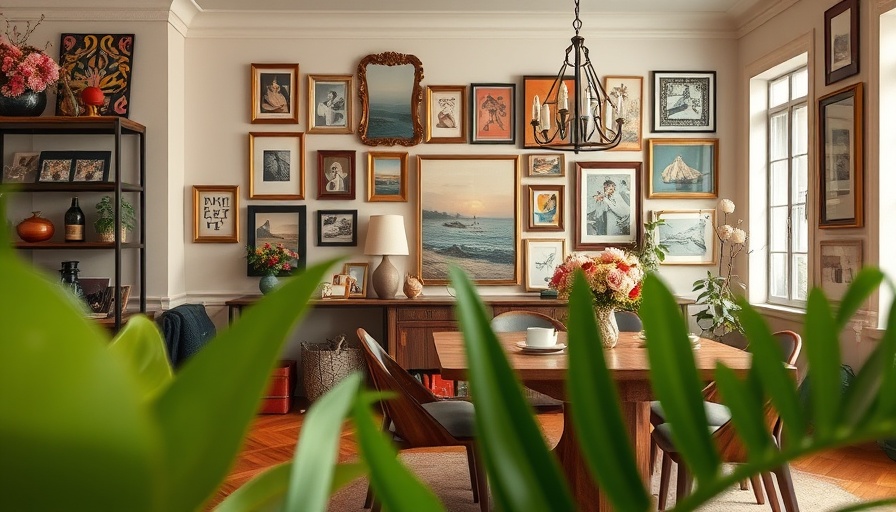 Stylish dining room with vibrant art and floral decor.