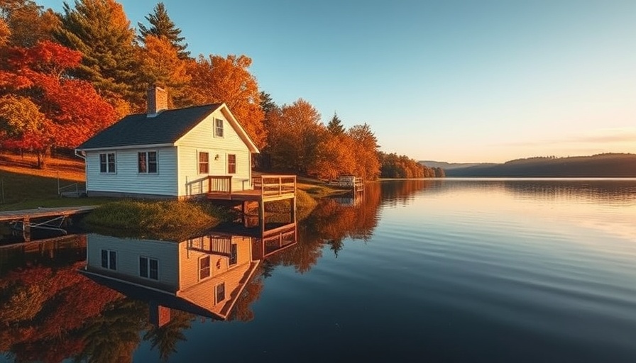Charming lake house by calm water, autumn colors, buying a lake house.