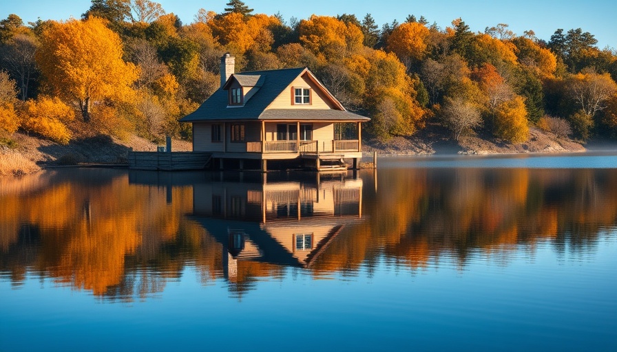 Charming lakeside house at sunset reflecting on a calm lake.