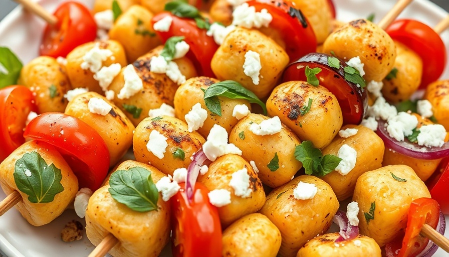 Rainbow Grilled Gnocchi Skewers on a white platter with colorful vegetables.
