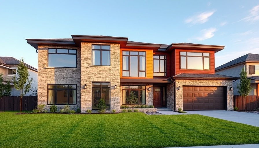 Modern house with stone facade in suburban area under blue sky