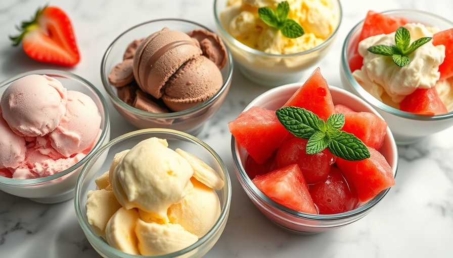 Vibrant homemade ice creams and sorbets; strawberry banana, chocolate, pistachio, and watermelon.