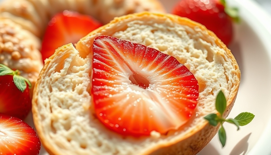 Close-up of strawberry cottage cheese bagel with fresh strawberries.
