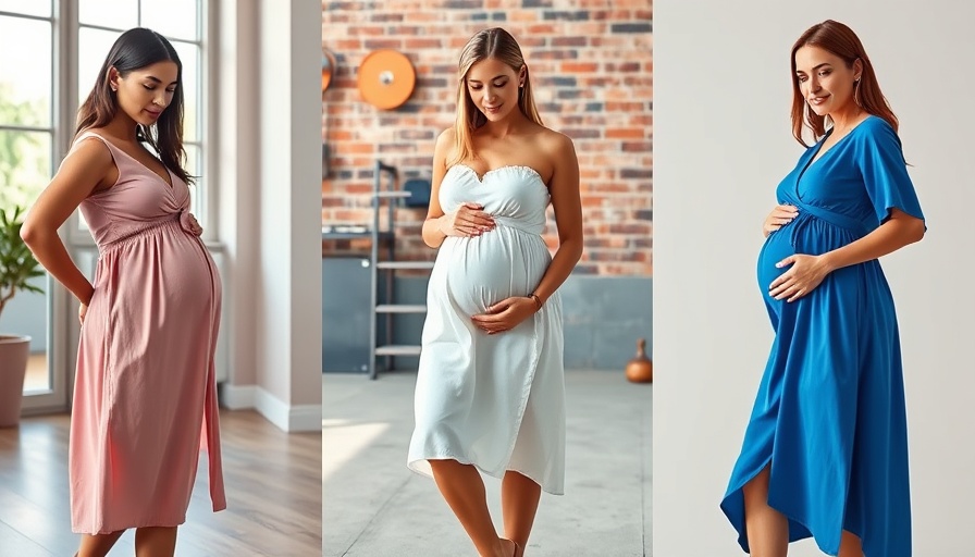 Three stylish women in maternity dresses in various settings.