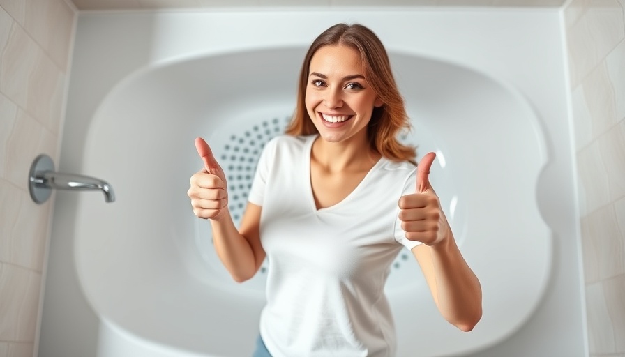Smiling woman showing thumbs up for unclogging bathtub drain DIY.