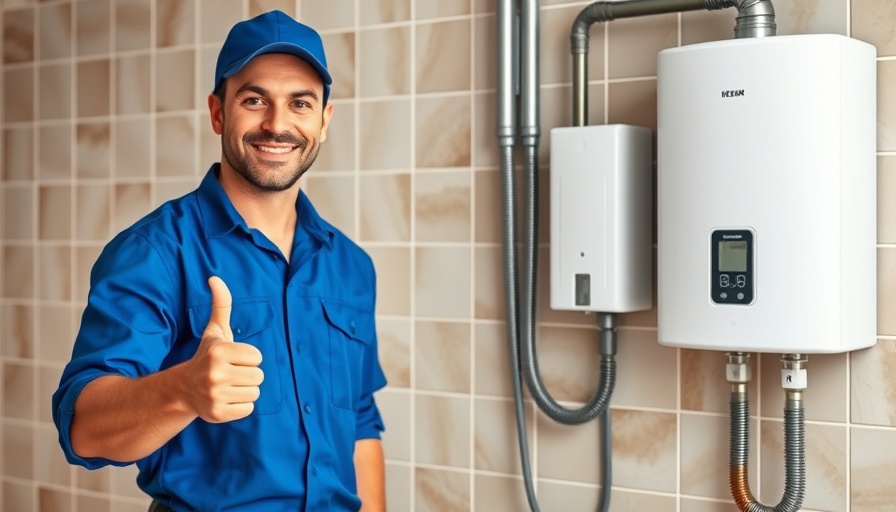Smiling technician giving thumbs-up next to tankless water heater installation.